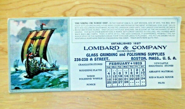 February 1923 Calendar Lombard Company Glass Supplies Ad Blotter Boston 