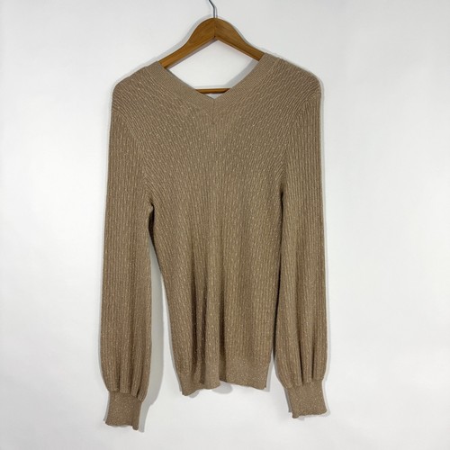 Liz Claiborne Women’s Size Medium Brown Gold Metallic Knit V Neck Sweater - Picture 5 of 5