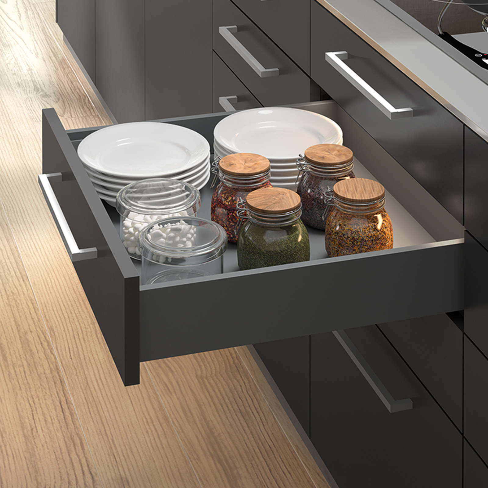 Emuca Kit di cassetti per cucina o bagno Vertex, altezza 93 mm, con pannelli inc