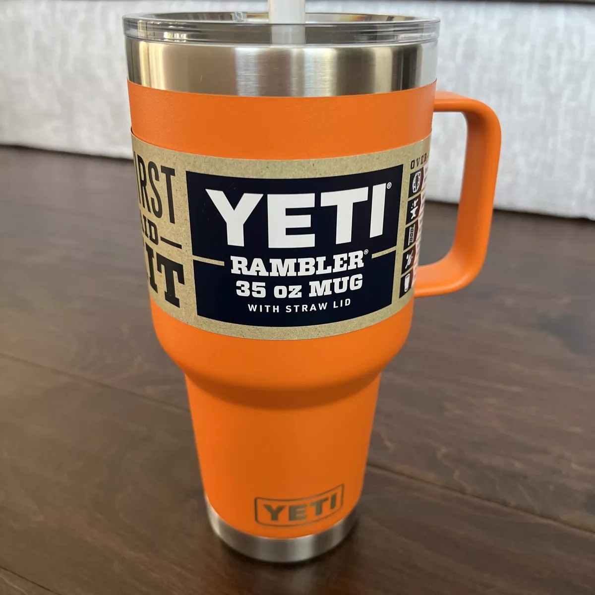 YETI 35 oz mug KING CRAB ORANGE STRAW LID Rambler Mug Cup With Handle NWT