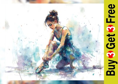 Balletttänzerin kniend 5''x7'' Druck auf mattem Papier | Elegante Aquarell Ballerina