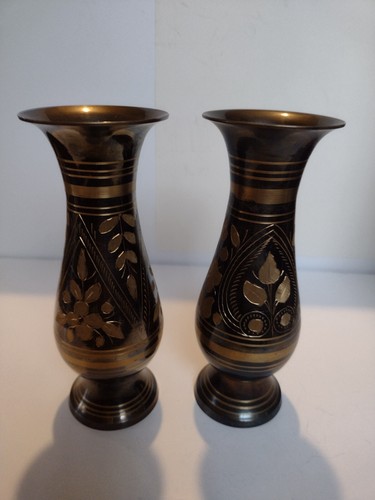 Pair Vintage Etched Floral Brass Vases India