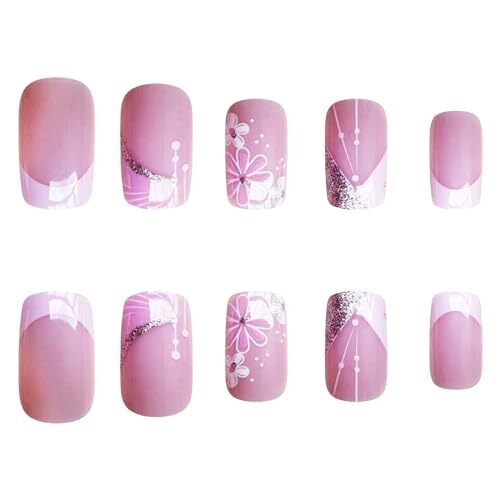 French Tip Press on Nails Medium Square Fake Nails Pink White Daisy Flowers E