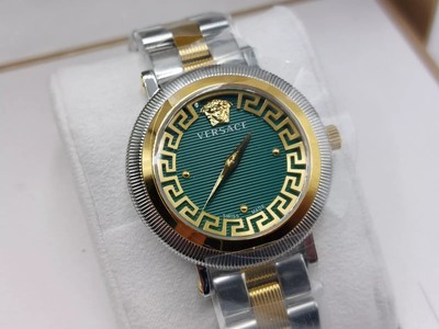 Versace Atemberaubende Greca Flourish Armbanduhr 35 mm grünes Zifferblatt zweifarbig SS verpackt