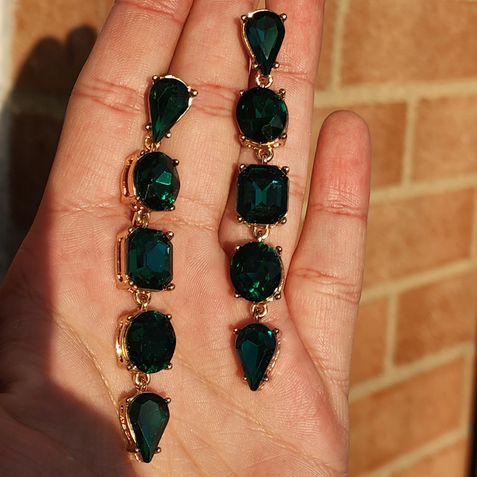 3" Drop Dangle Earrings Green Simulated Emerald C… - image 10