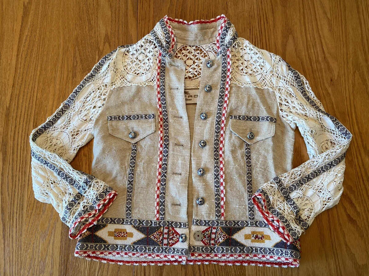 Etro Milano Women's Jacket Jute Silk Lace Embroidered Trim Beading
