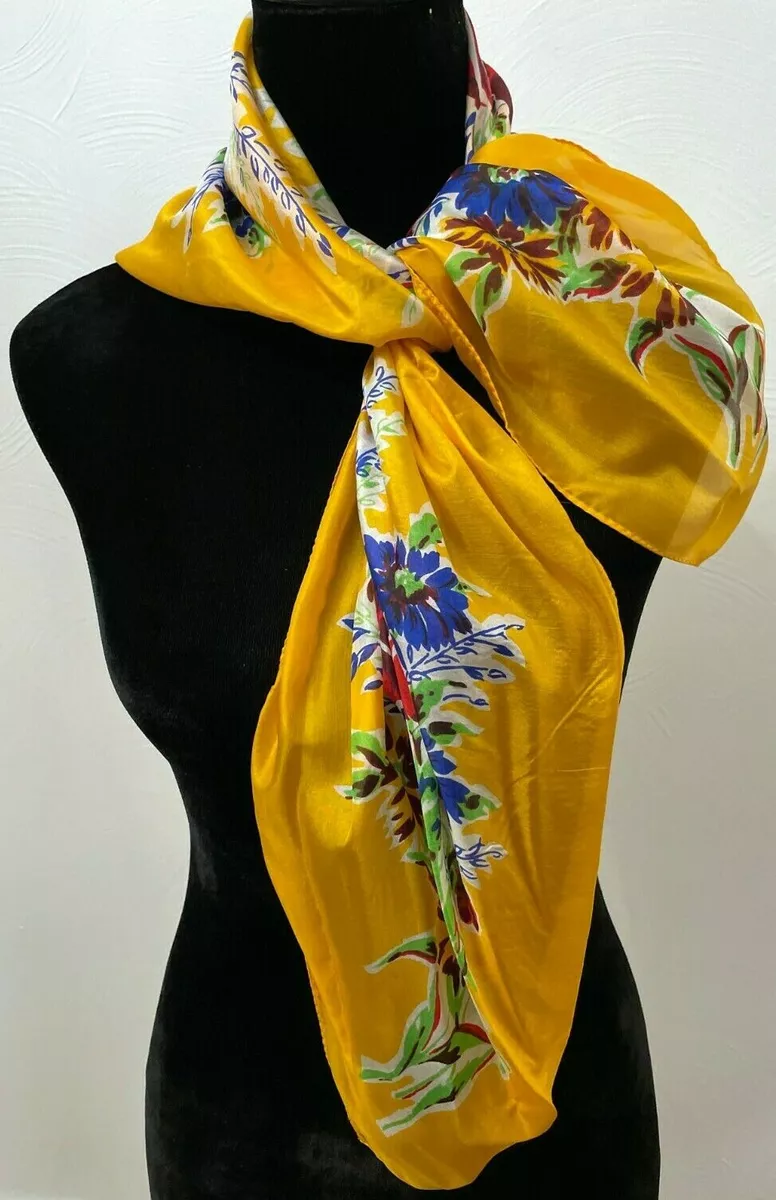 Pure Silk Womens Square Scarf Hand Rolled Gold Hand Screen Printed