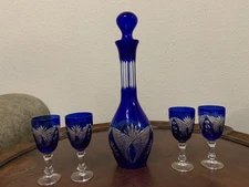 Bohemian Cobalt Blue Cut to Clear Crystal Decanter & Cordial Glasses 5 Piece
