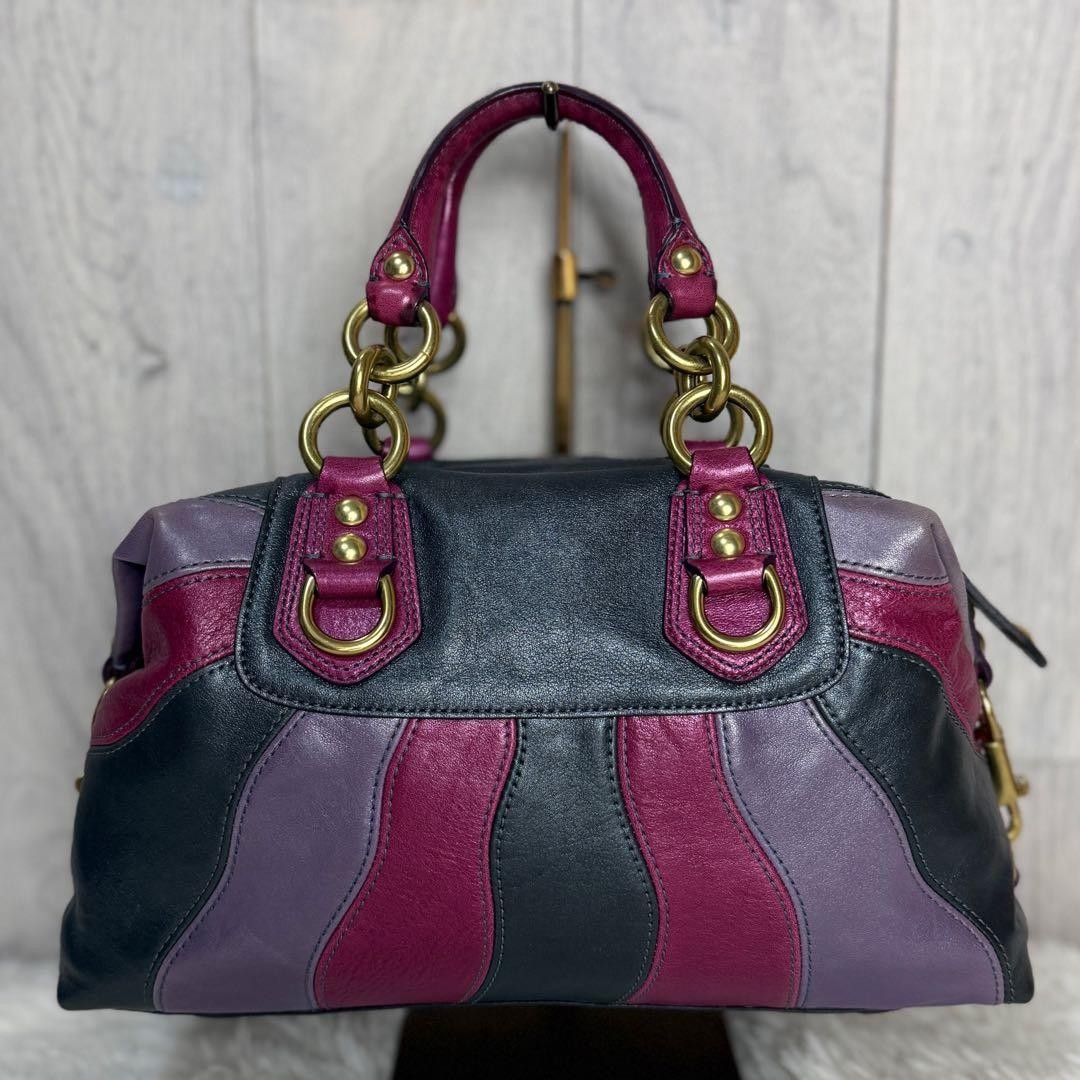 Rare Y2K COACH Logo Multi-Color Stripe Leather 2way Bag - Auth image 3