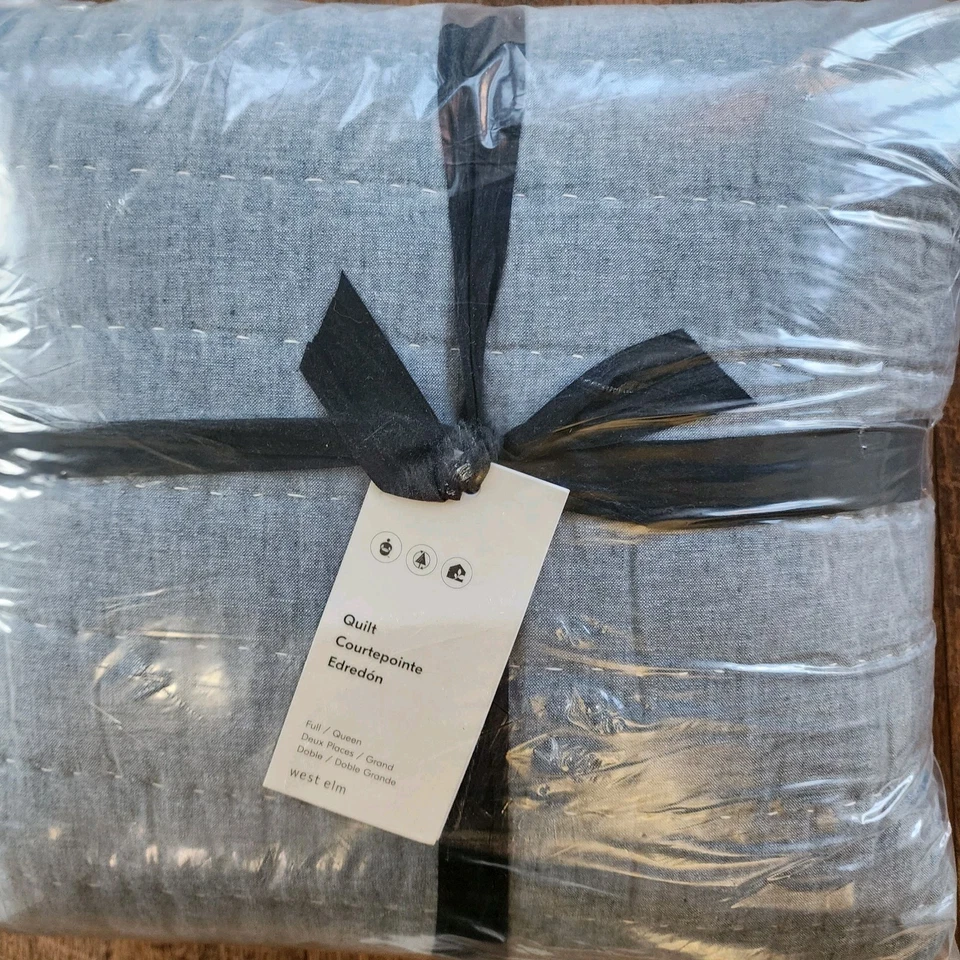 West Elm European Flax Linen Cotton Pick Stitch Full Queen Quilt Indigo Blue New - Image 4 of 4