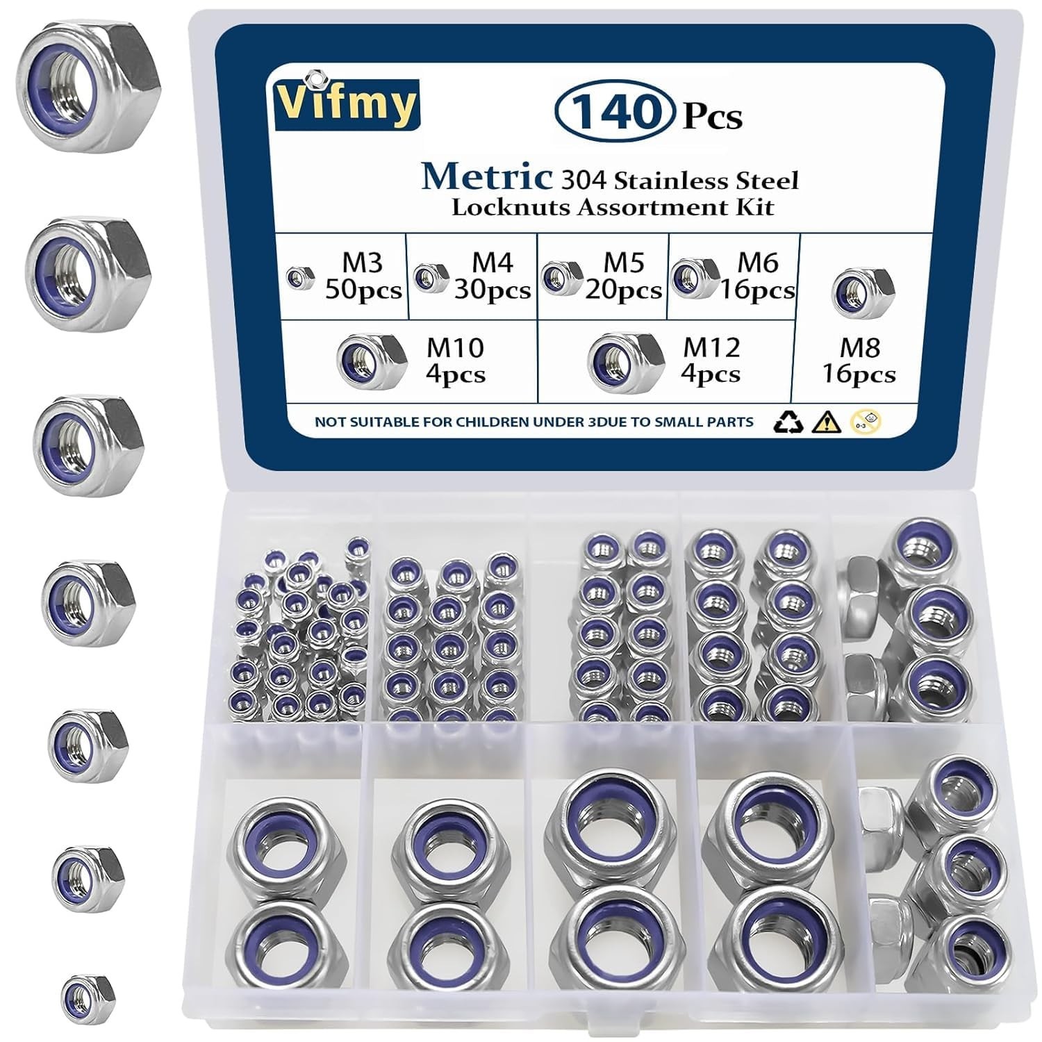 Locknuts Assortment Kit,M3 M4 M5 M6 M8 M10 M12 140PCS Metric Nylon Insert Loc...