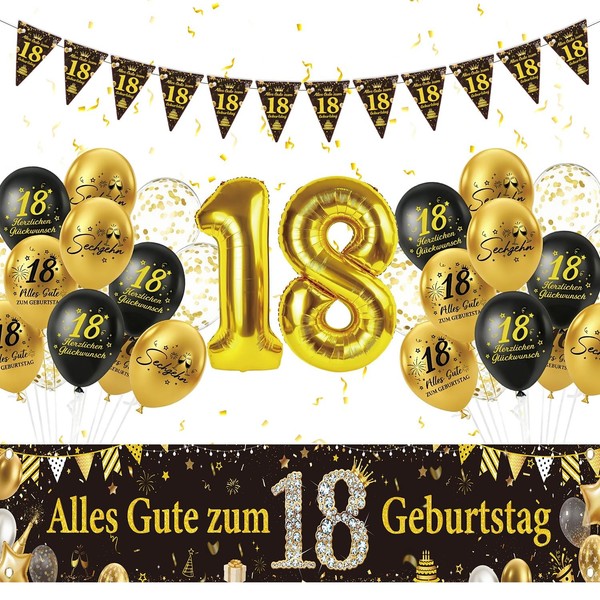 18. Geburtstag Deko Schwarz Gold Junge MäDchen Banner Ballons Wimpelkette-image