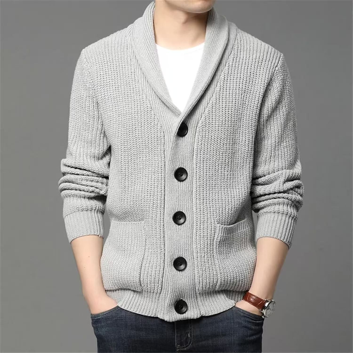 Sweater Men' Thickened Button Cardigan, Acetate Fiber, Casual Knitted Sweater-image