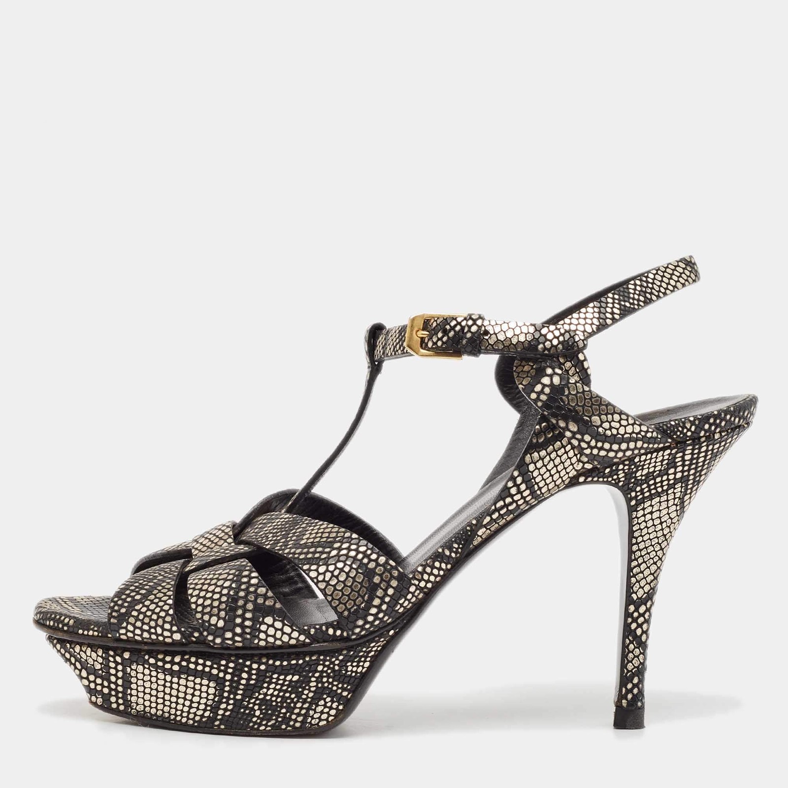 Saint Laurent BlackGold Textured Leather Tribute Sandals Size 395