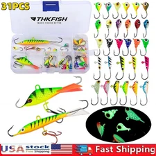 31PCS Ice Fishing Jigs and Lures Kit Glow in The Dark Jig Heads for Panfish Ice 