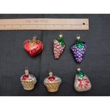 Set of 6 Vintage Glass Christmas Tree Ornaments Heart Grapes Cupcake
