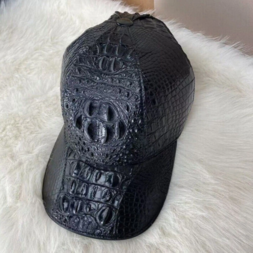 Handcrafted Black Genuine Croco Skin Leather Hat Handmade Baseball Cap