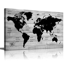 World Map Large Artwork for Office Home Living Room Bedroom Wall Art Black an...