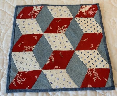 Antique Vintage Patchwork Quilt Table Topper, Tumbling Blocks, Red, White, Blue