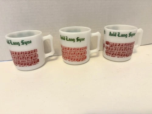 Hazel Atlas Milk Glass Vintage Tom & Jerry Auld Lang Syne MUG SET of 3 Egg Nogg