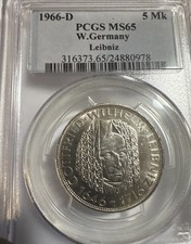 1966D 5 Mark PCGS MS65 W.Germany LEIBNIZ Silver Coin 1st Year
