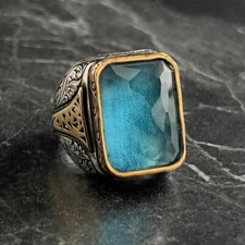 Handmade Aquamarine Gemstone Silver Ring, Square Sky Blue Stone Ring
