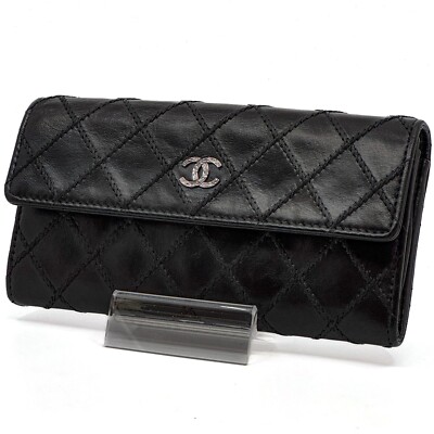 CHANEL Wild Stitch Flap Long Wallet Black Bi-fold Leather Coco