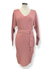 EXPRESS Mini Sweater Dress Sz S Pink VNeck Long Sleeve Belted Ribbed Knit Blend