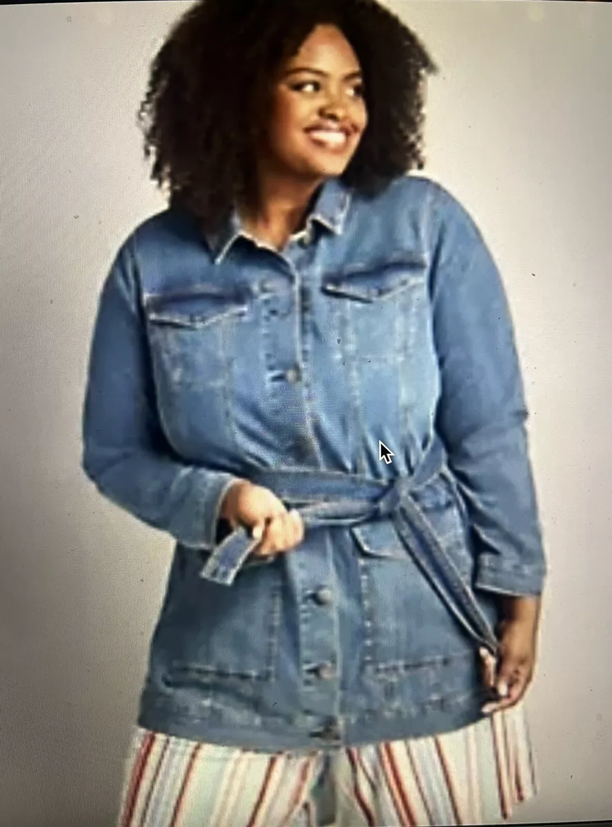 LANE BRYANT WOMENS PLUS SIZE BLUE BELTED MEDIUM WASH DENIM JACKET