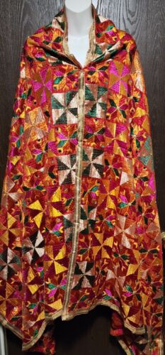 Bridal Embroidered silk punjabi Indian Pak Phulkari Dupatta wedding scarf wrap - Picture 2 of 8