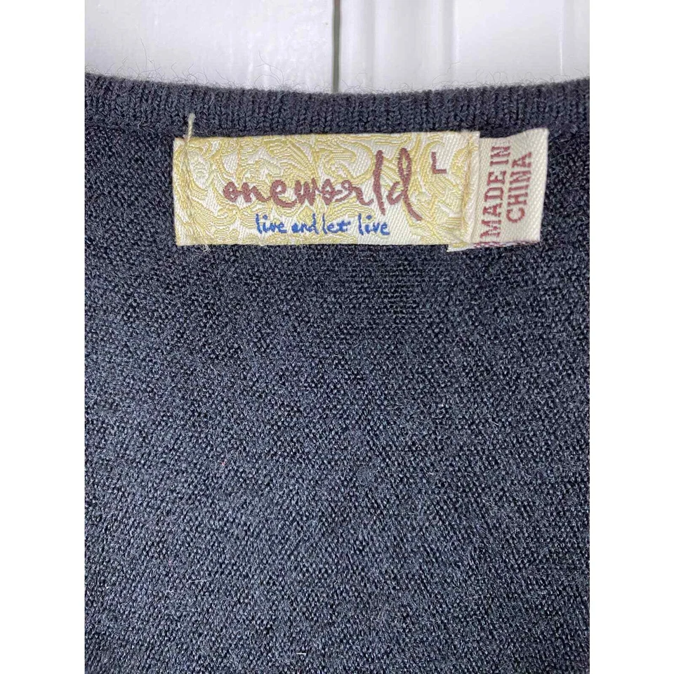 Top túnica One World para mujer talla L negro púrpura floral tejido con lentejuelas cuello cuadrado Foto 3 de 4