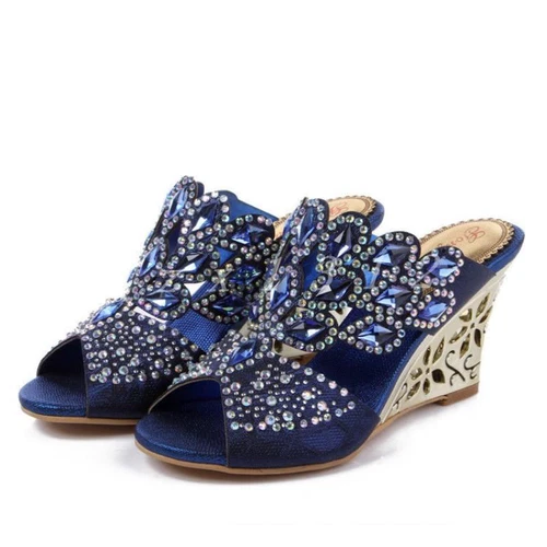 New Womens Open Toe Rhinestone High Wedge Heel Slippers Party Dress Sandal Shoes - Picture 3 of 15