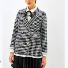 Sister Jane Houndstooth Buechel Tweed Blazer Beaded Faux Pearls Gold Button