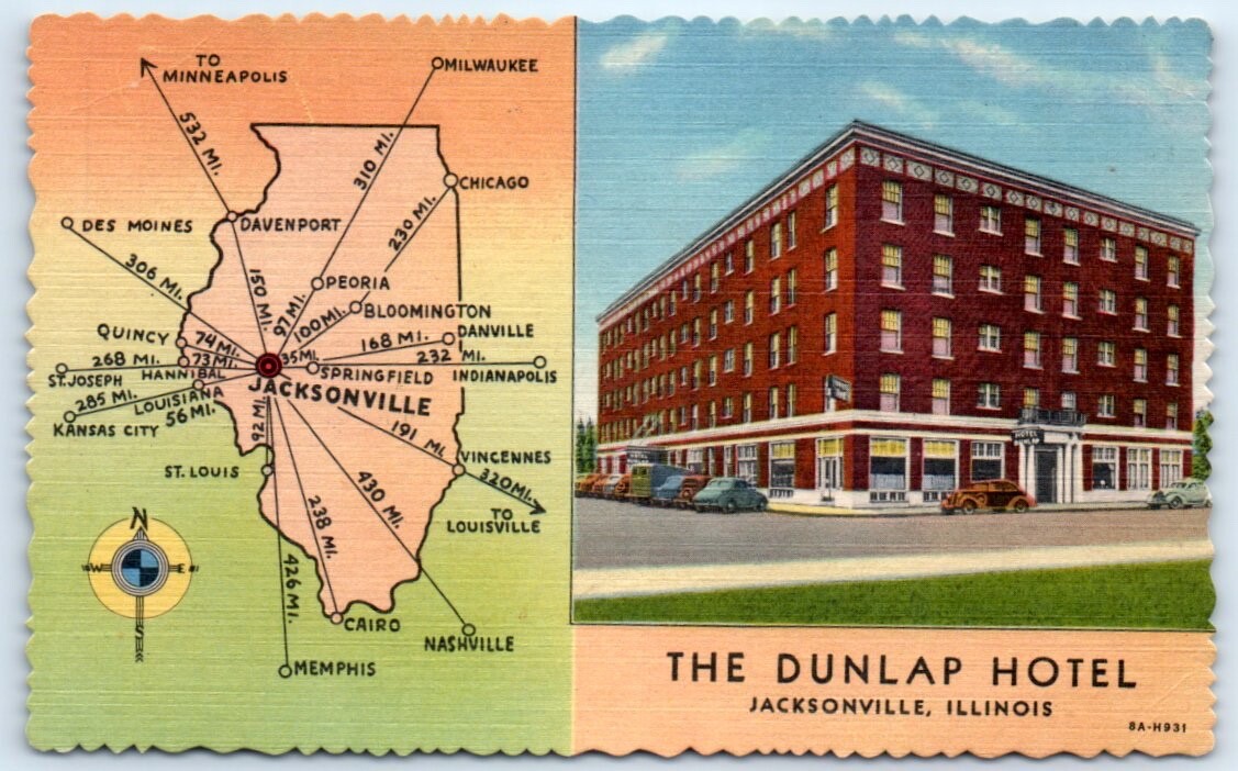 Postcard IL Jacksonville Dunlap Hotel Old Cars Linen Ad Card O1 eBay