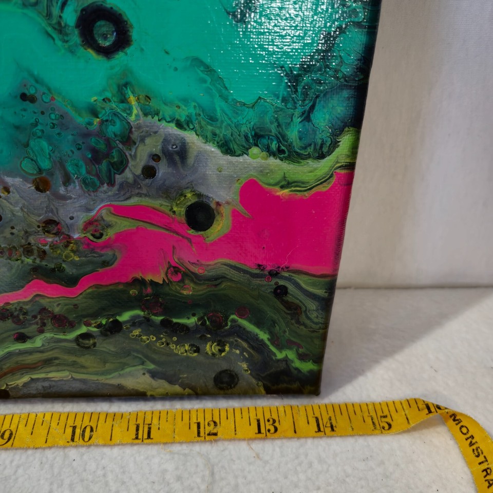 Original Abstract Acrylic Painting Canvas Teal Pink Black Yellow Signed