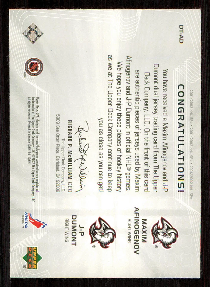 2001-02 SPx Hidden Treasures #DTAD Maxim Afinogenov/J-P Dumont - Image 2 of 2