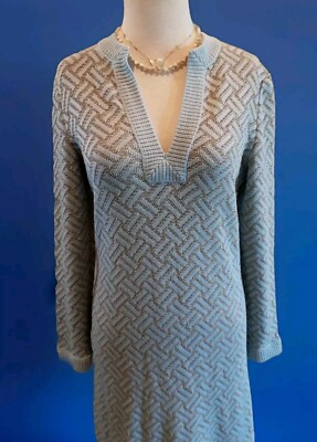 TANNEL KNITS VTG 70s Maxi Tunic Dress Light Blue & Gold Herringbone Knit Sz  12 | eBay
