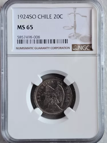 Chile 20 Centavos 1924 SO NGC MS 65
