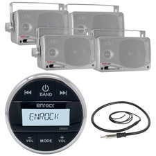 EM856 Bluetooth AUX USB Marine Radio, Antenna, 4 Silver Box 3.5" Boat Speakers