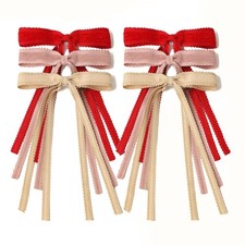 6 PCS Lace Bows Ribbons Long Tails Pink Red Metal Clips For Women Teens