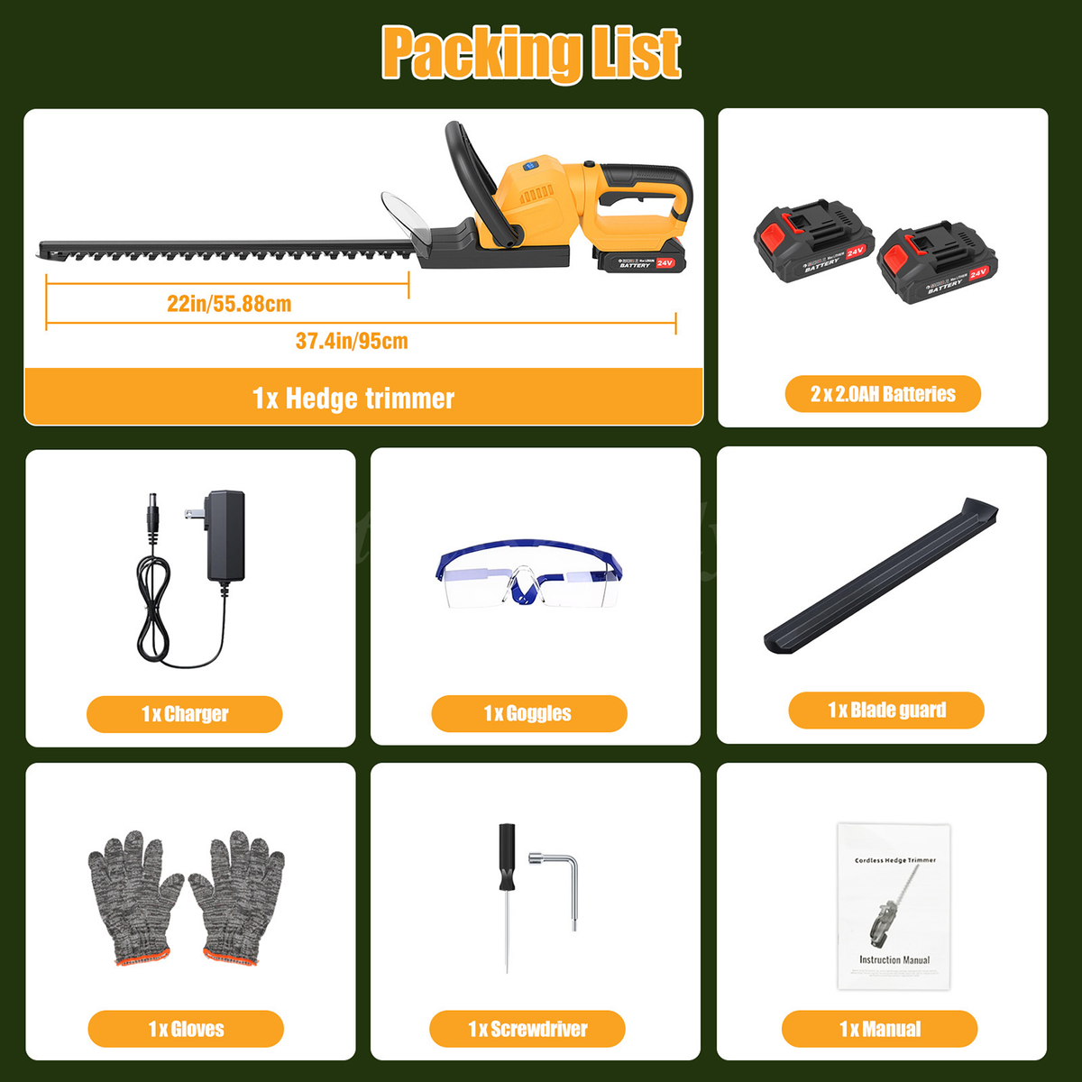 22Inch Cordless Hedge Trimmer Cordless Electric Hedge Trimmer w/ 2