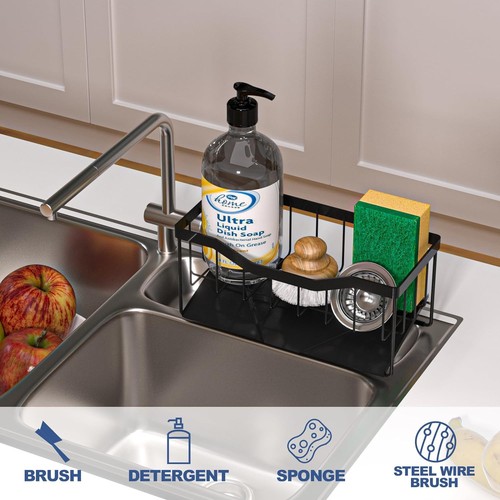 Sponge Holder for Kitchen Sink with Auto Draining Tray, Caddy Black - Picture 4 of 7