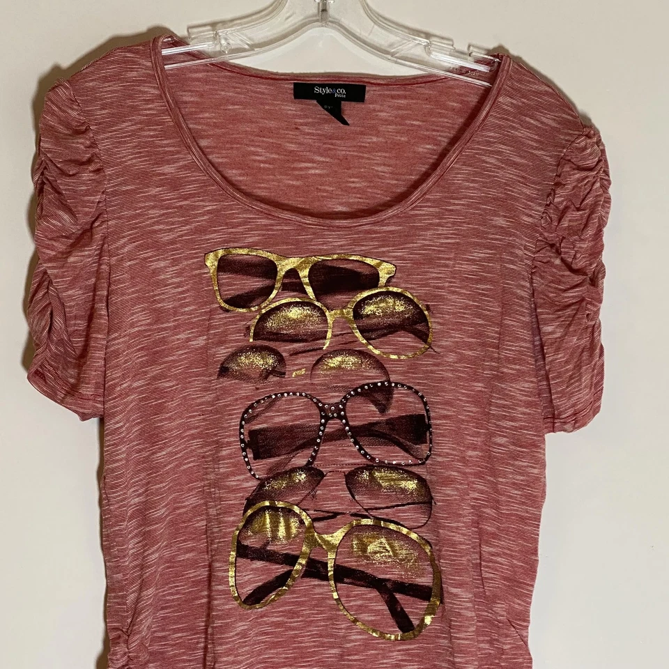 Style & Co Petite Top Womens PXL Red Gold Sunglasses Glasses Graphic Ruched Top - Image 2 of 4