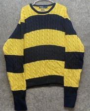 Vintage Polo Ralph Lauren Navy Yellow Striped Cable Knit Cotton Sweater Pony 2XL