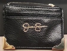 Jessica Simpson zip card wallet, black w gold bling and leopard print lining