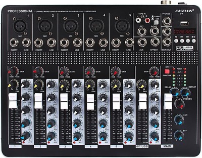 T7 7-Channel Audio Mixer with 48V Phantom Power, USB/MP3 Input & Reverb Effec...
