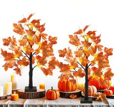 2 Pack Lighted Fall Maple Tree, 24" Tabletop Artificial Fall Light Up Maple T...