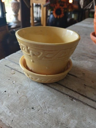 Vintage McCoy Yellow planter, Greek Key + Hobnail design, 1950's MCM
