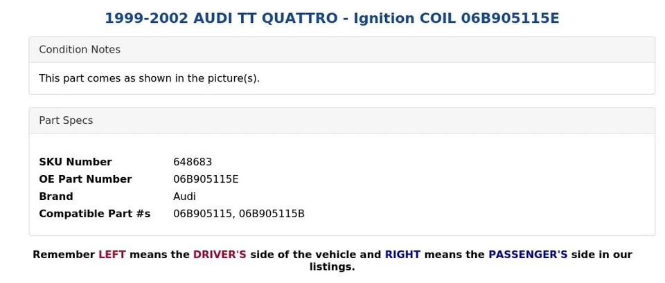 1999-2002 AUDI TT QUATTRO - катушка зажигания 06B905115E - Изображение 4 из 4
