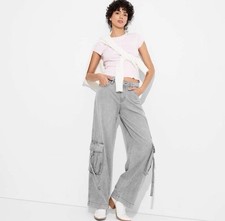 Women's Mid-Rise Wide Leg Cargo Baggy Pants - Wild Fable Grey And Blue Denim